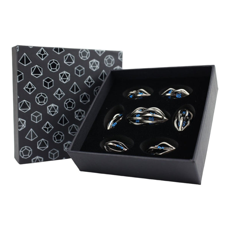 LPG Dice RPG Set Hollow Elliptic - Stainless and Blue