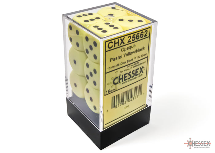 CHX 25662 Opaque 16mm d6 Pastel Yellow/black Dice Block (12 dice)