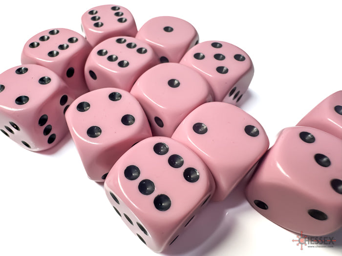 CHX 25664 Opaque 16mm d6 Pastel Pink/black Dice Block (12 dice)