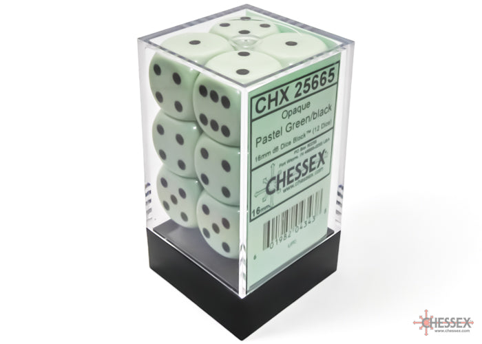 CHX 25665 Opaque 16mm d6 Pastel Green/black Dice Block (12 dice)